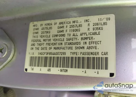 2010 Honda Accord 3.5 Ex-L z USA, uszkodzony, nr VIN 1HGCP3F85AA007255